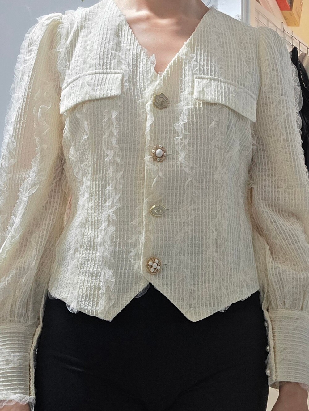 Yedina Cream Textured Puff-Sleeve Blazer
